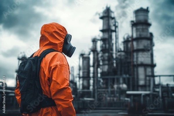 Obraz Man in Orange Jacket and Gas Mask