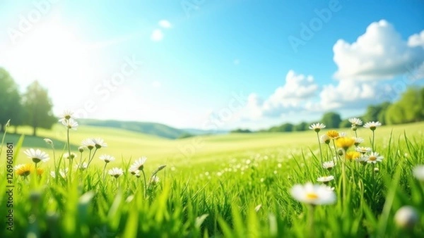 Fototapeta Hay fever, Clear sky vibrant grass fields with colorful wildflowers swaying