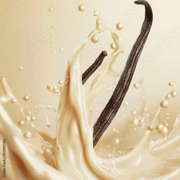 Fototapeta Creamy Vanilla Liquid with Splashes and Vanilla Pods on a Light Background