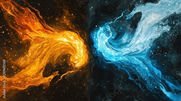 Fototapeta Flowing Rivers of Light in Blue and Orange with Sparkling Effects