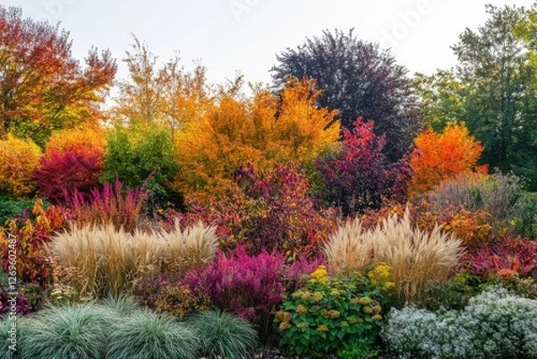 Fototapeta Vibrant autumn leaves captured in a serene garden setting with a bright sky backdrop, perfect for seasonal decor and nature-themed projects