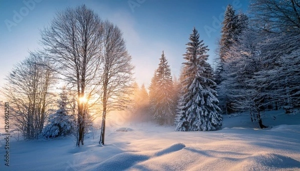 Fototapeta snow covered forest in morning fog winter landscape with snowy trees at sunrise wintry woods in misty conditions at dawn frosty winter scene enchanting woods ethereal winter woods snowscape