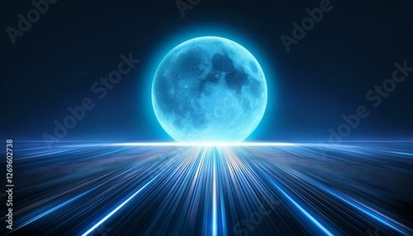 Fototapeta abstract neon blue light trails in the dark on moon retro background motion blur effect on futuristic with floor wall metal texture soft tech diagonal background