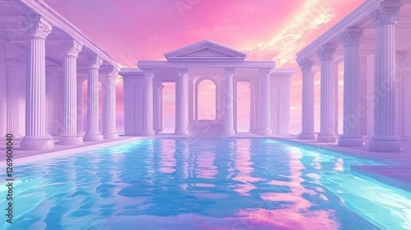 Fototapeta Vaporwave Inspired Greek Style Scene with Columns and Reflective Water