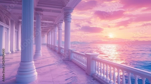 Fototapeta Ethereal Greek Architecture in Vaporwave Scene at Sunset Over Tranquil Sea