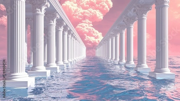 Fototapeta Vaporwave Inspired Greek Architecture with Columns Overlooking Pink Water Scene