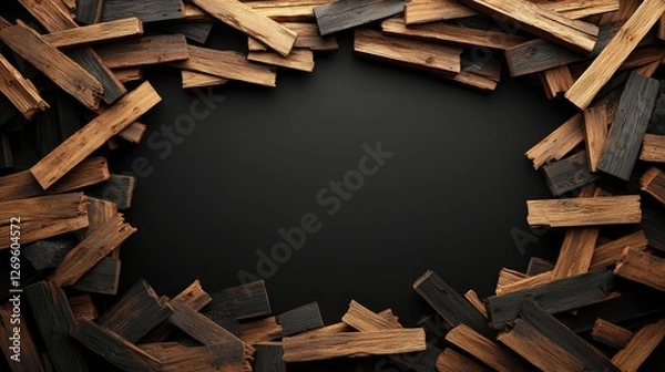 Fototapeta Dark Wood Frame with Broken and Splintered Edges in 3D Shadowed Layout