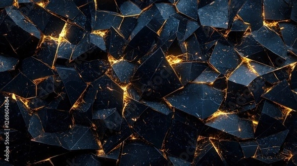 Fototapeta Dark Cracked Glass Surface with Sharp Edges and Golden Reflection Highlights