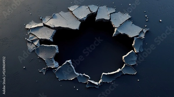 Fototapeta Cracked Wall Hole with Broken Edges on Dark Background for Visual Effects