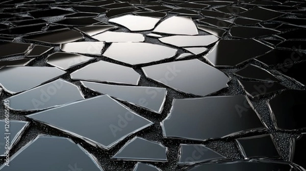 Fototapeta 3D Shattered Mirror Fragments Reflecting Light on Dark Surface