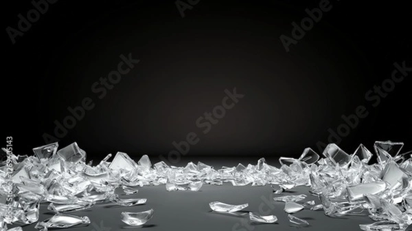 Fototapeta Shattered Glass Pieces Scattered on Dark Surface Creating a Warped 3D Effect