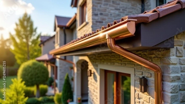 Fototapeta Home gutter system, Stone facade home with a sunlight-reflecting copper gutter system