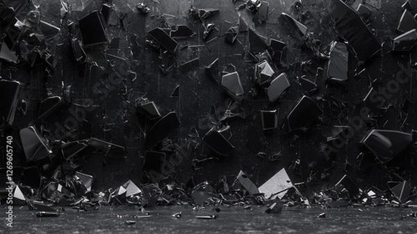 Fototapeta Shattered Glass Pieces Scattered on Floor in Dark Warped 3D Environment