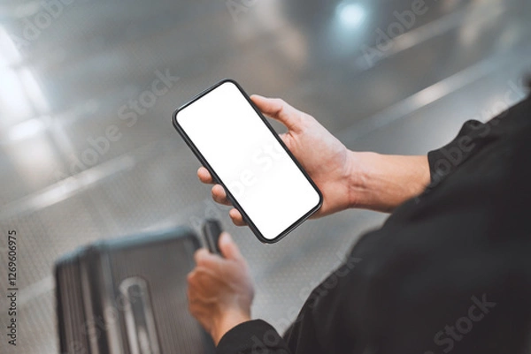 Fototapeta Back view of man using smartphone with white blank screen mockup in airport terminal, Traveler with phone with suitcase, copy space for advertising.