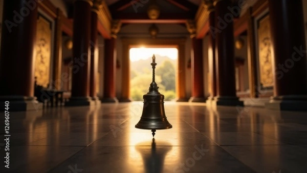 Fototapeta the sound of a ceremonial bell echoes during Buddhist ceremonies, marking a sacred ritual of consecration in a temple