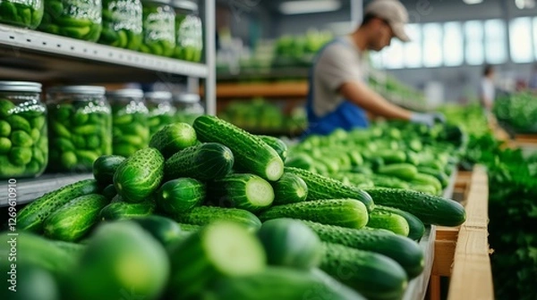 Fototapeta Pickle factory workers preparing fresh cucumbers for processing in a bustling facility