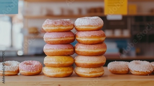 Fototapeta Tall stack of colorful donuts displayed on counter in busy donut shop