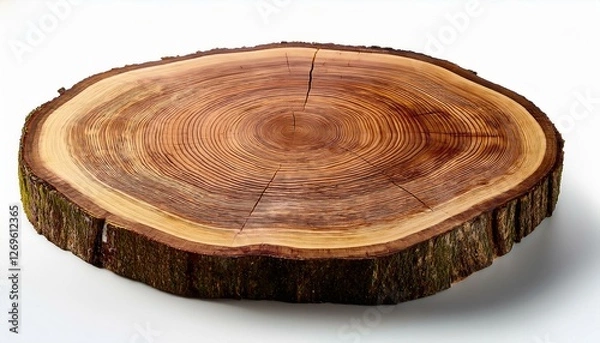Fototapeta smooth cross section brown tree stump slice with age rings cut fresh from the forest with wood grain isolated on white