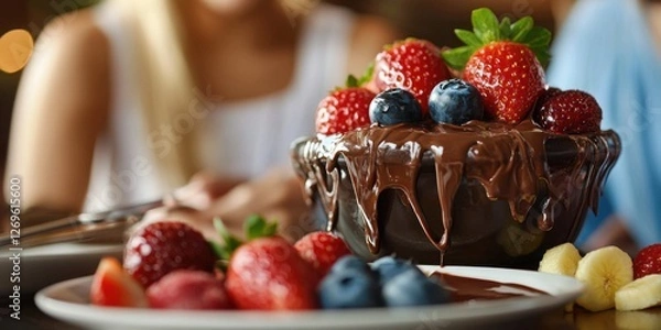 Fototapeta Home date with snack Delicious chocolate dip surrounded by fresh strawberries and blueberries.