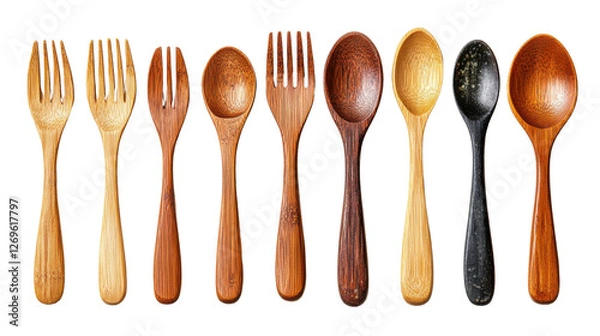 Fototapeta Natural wooden utensils in various shapes and colors, showcasing craftsmanship and design