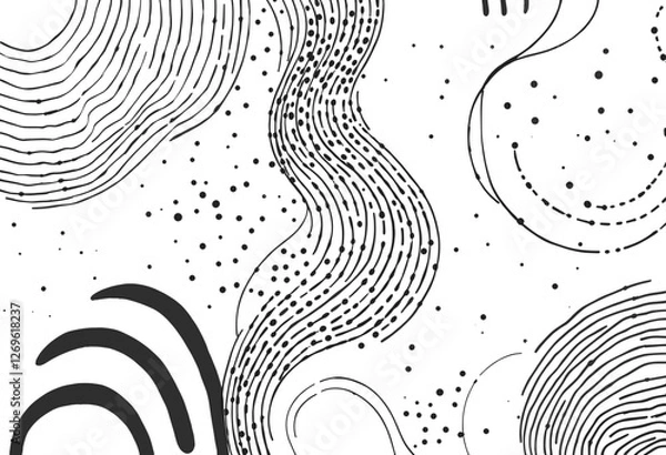 Fototapeta Curved lines, dots, and swirls in black and white, creating a dynamic and visually striking composition. Vector patterns, random pattern