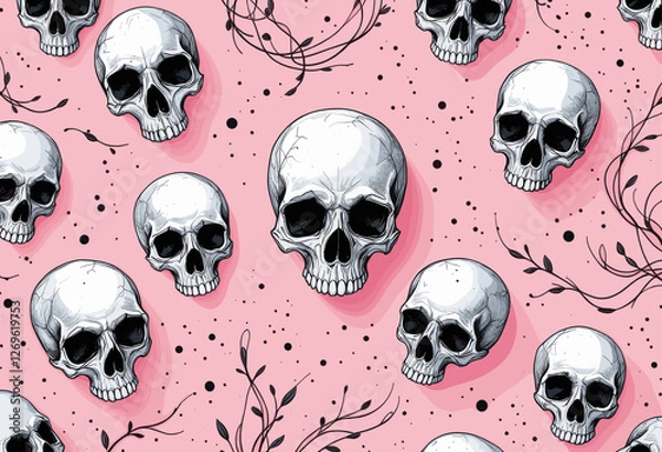 Fototapeta A repeating arrangement of white skull faces with black outlines against a pink background, accompanied by black lines and dots. Vector patterns, random pattern