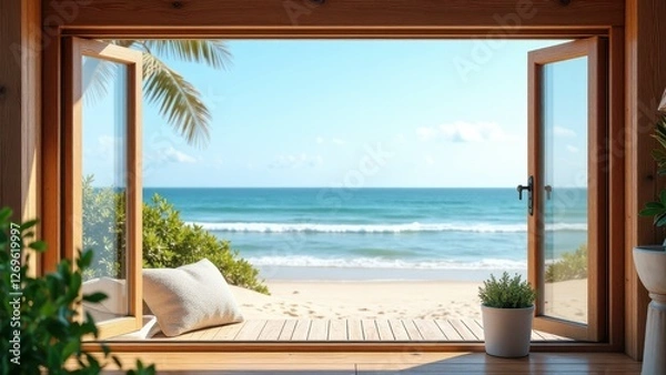Fototapeta Open casement window, Seaside panorama open driftwood-framed casement window beach view.