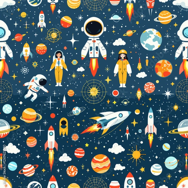 Fototapeta A lively space theme with various celestial objects, including planets, stars, comets, and a rocket ship, all set against a dark blue background. Vector patterns, random pattern