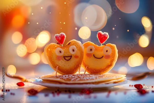 Fototapeta Two pancakes with hearts on them are sitting on a plate