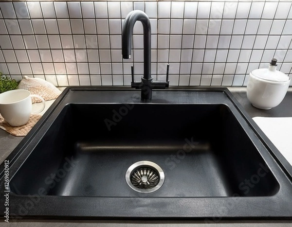 Fototapeta a black sink is placed on a counter next to a white vase and a white cup the sink is clean and shiny