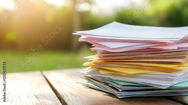 Fototapeta Colorful Paper Stack on Wooden Table in Sunlight