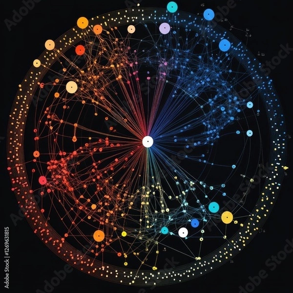 Fototapeta Circular data network visualization with color-coded nodes and connections