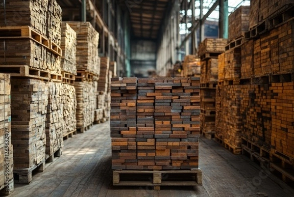 Fototapeta Large stacks of lumber sit on pallets inside a warehouse or lumber yard