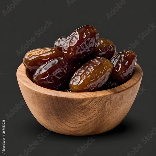 Fototapeta Premium Quality Dates in Wooden Bowl. PNG Cutout, Isolated on Transparent Background – Ideal for Creating Rustic Product Banners, Social Media Posts, and Covers