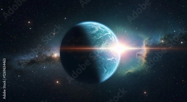 Fototapeta Blue planet with sun flare in a starry nebula background