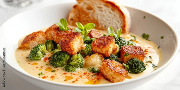 Fototapeta a bowl with broccoli cheddar soup. AI generative.