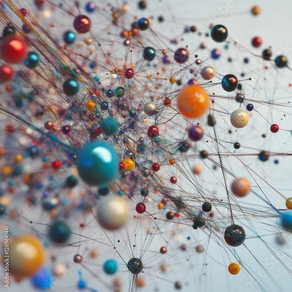 Fototapeta Colorful spheres connected by web of thin threads in abstract space