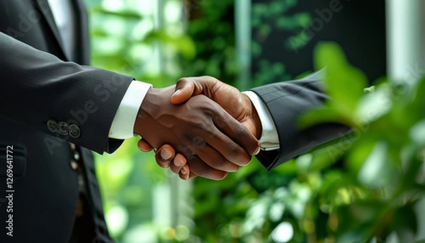 Obraz Black Male ESG business handshake, digital business background, Trustful deal, business meeting and partnership concept, successful business, work agreement, trust partner