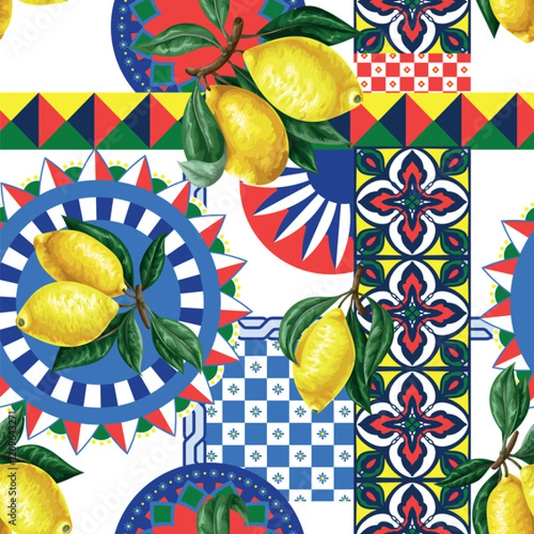 Fototapeta Seamless pattern with lemons and vivid tile ornament. Vector.