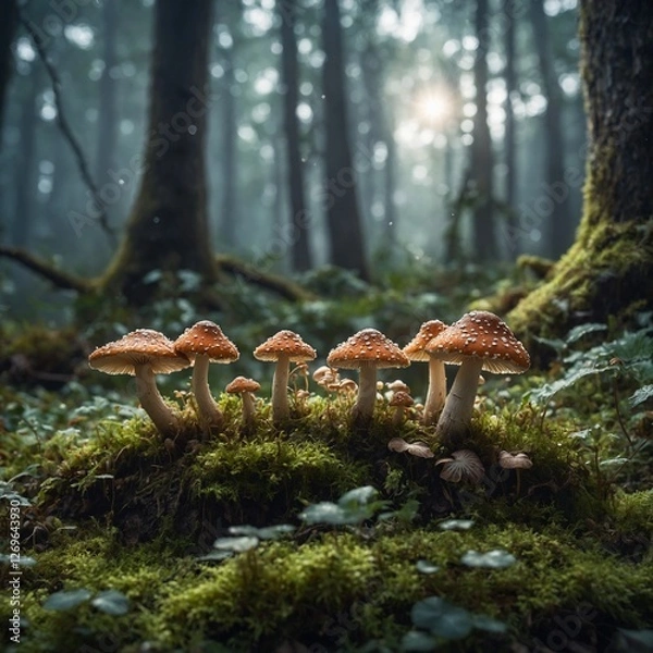 Obraz "Little mushrooms and tiny fairies in a magical forest on a white background computer wallpaper."
