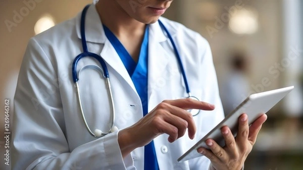 Fototapeta Dedicated Doctor Reviewing Medical Data on Tablet, Wearing a Stethoscope in a Modern Clinical Setting