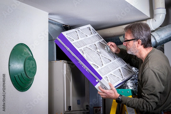 Obraz Furnace filter inspection with a magnifying glass