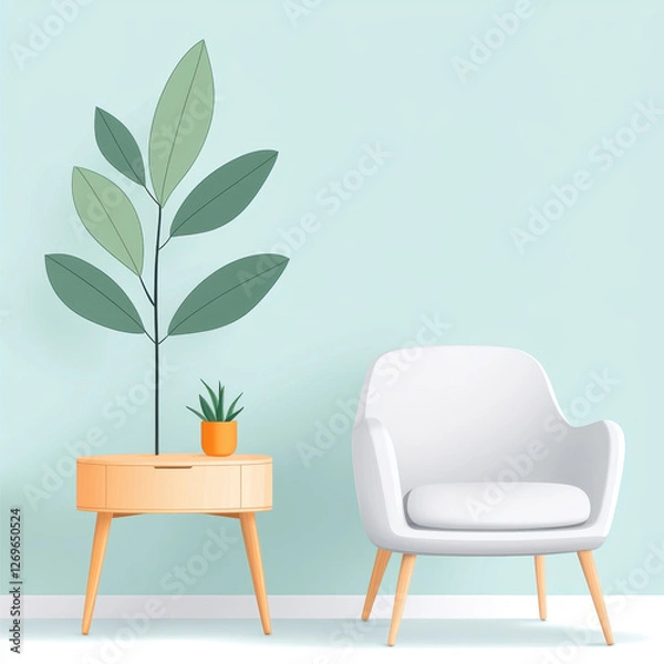 Fototapeta modern living room with white chair, wooden table, and green plants
