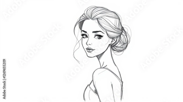 Fototapeta A hand-drawn sketch of a woman, using rough lines and textured pencil strokes on a white background, portraying a graceful and elegant subject with refined features.eps