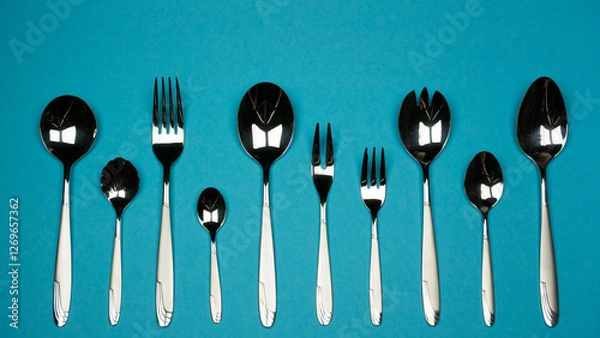 Fototapeta Forks and spoons from small to large in one row on blue background