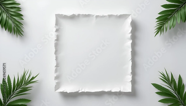 Obraz Torn Edge White Paper with Palm Leaves on Minimalist Background, advertising copy space, backgrounds