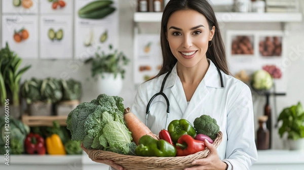 Fototapeta Nutritionist presenting vegetables in a well-lit room, health posters on walls, informative setting.