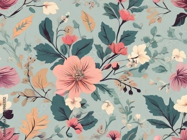 Fototapeta Floral seamless textile pattern with cute abstract flower  Cloth elements design background