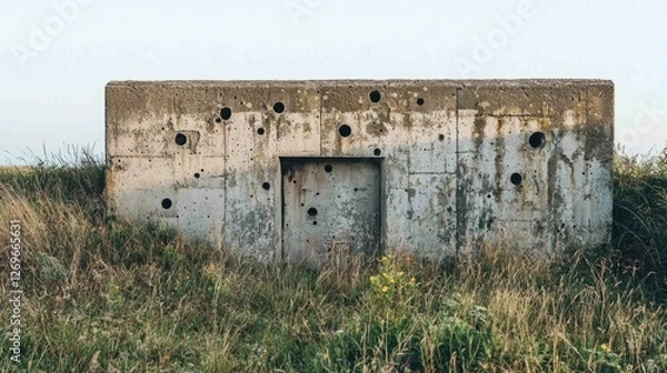 Fototapeta Desolate Military Bunker Surrounded by Scarred Grasslands