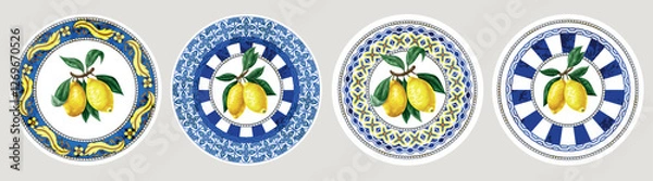 Fototapeta Design plate with lemons and blue ornament. Vector.